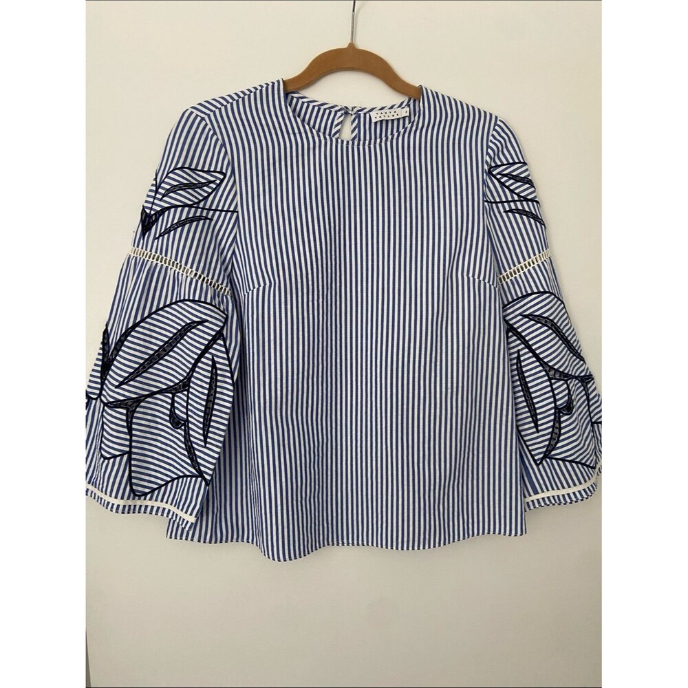 NWOT Tanya Taylor Striped Blue & White Embroidered Sleeve Top